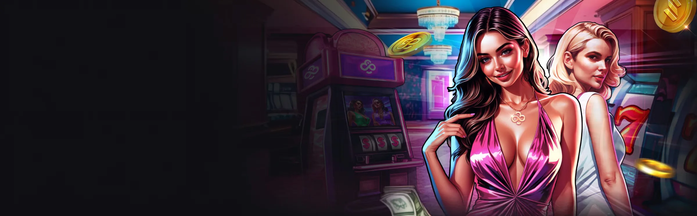 Neon casino floor with slot machines and golden coins